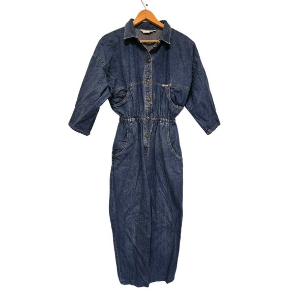 Vintage 80s Denim Romper Coveralls Denim Jumpsuit Size Large Snap Buttons - Picture 1 of 7